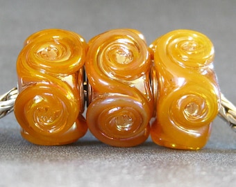 Handmade Lampwork Beads Glass Big Hole Euro Charm Beads Butterscotch Rosette Trio