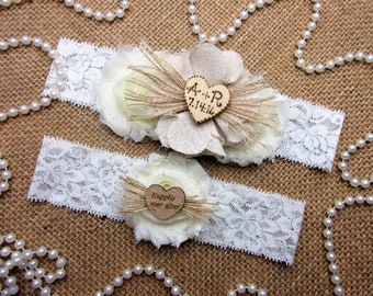 Personalized Rustic Heart Wedding Garter Set,Country Chic Garter Set,Monogrammed Wedding Garter Set
