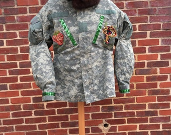 Camo glam, military field jacket hand dyed green with vintage fur collar and sequins