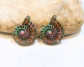 2 charms for earrings or necklace, green orange, rust patina, handpainted shells, rust patina