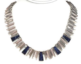 Taxco Silver Necklace Sterling Silver Modernist Necklace Mexico 925 Sodalite Stones Jewelry