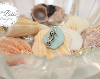 Faux Sea Glass Neckace Aqua with Tibetan Silver Seaorse Charm - 16.5" Silver Plated Snake Chain
