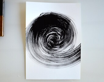 A3, Original abstract fine art drawing on paper, spiral, ink art, movement, storm, wind, movement, black and white art by Cristina Ripper