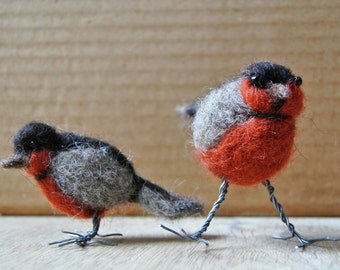 Curious needle-felted birds; felted robins; felt sculpture