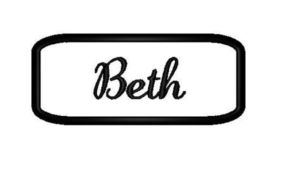 Embroidered felt Name Patch with black stitching on white.