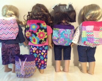 18 inch doll backpack in 5 designs: chevon, floral, patchwork and multi color prints, ready for back to school