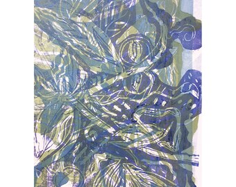 Wood Block Print - Botanical Three OOAK by Marti Schmidt 12x15 - Fine Art, Floral, Coastal, Tropical