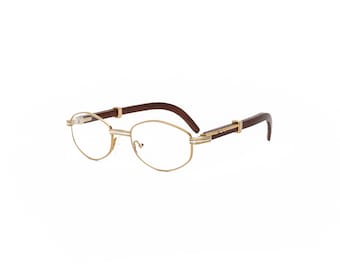 Men Cartier Style Eyeglasses, Gold & Silver Frame Brown Wood Glasses, Woodline Eyewear, Vintage Wood Glasses, Vintage Frames, New Dead Stock