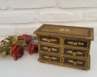 Florentine Jewelry Box, Vintage Large 6 Drawer Italian Gold Jewelry Trinket Storage Box, Hand-Painted Box Made in Italy, Caught My Fancy