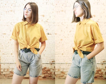 Vintage 1950s 60s medium large Sanforized mustard yellow button up oxford shirt /
