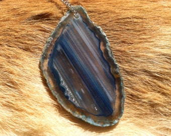Agate geode slabed necklace with sterling silver chain