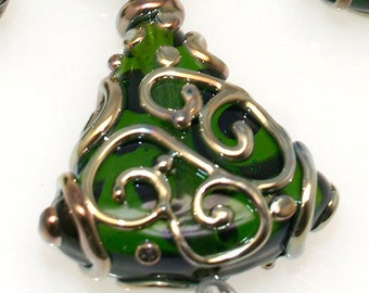 Lampwork glass beads 4 skirt green and ivory unique Lampwork beads SRA Made to order, jewelry supplies, handmade lampwork, beads