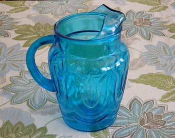 Vintage Aqua Blue Glass Pitcher, Lemonade/Water/Iced Tea Pitcher