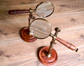 Elegant Extra Large Victorian Style Standing Magnifying Glass. Beautifully Turned Hardwood Handles w/Aged Brass. Elegant Tabletop Magnifier.