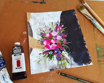 Wedding bouquet original, signed mixed media painting