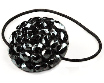 Ponytail Holder Hair Tie - Gunmetal Finish Faceted Glass Vintage Button