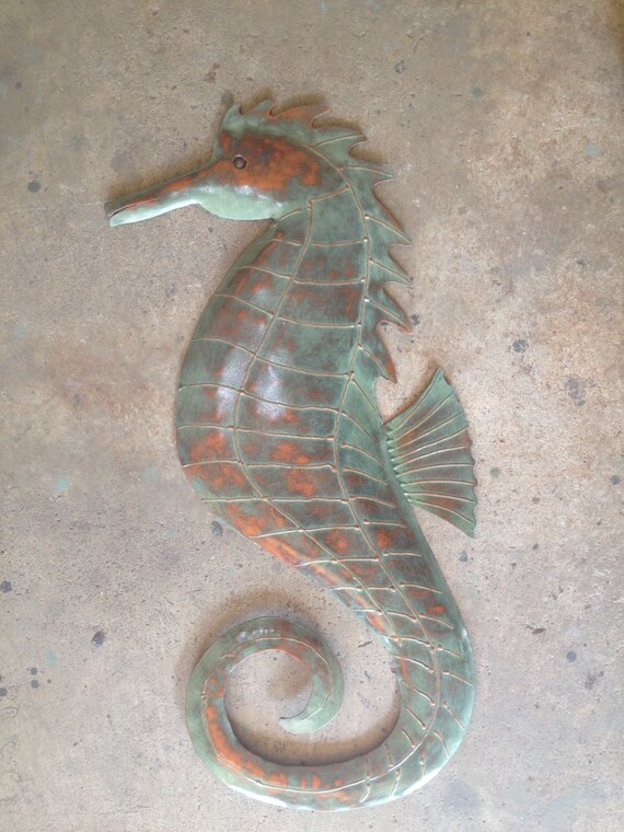 Seahorse Metal Art Wall Sculpture 30in high Tropical Beach Coastal