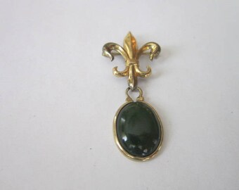 Antique Gold Filled & Jade Fleur De Lis Brooch