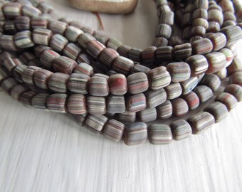 brown glass seed beads, multicolored stripe small matte opaque ethnic spacer barrel tube, New Indo-pacific 3 to 6mm / 10 in strd, 7ab22-4