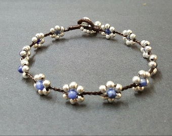 Sodalite Silver Flower Anklet
