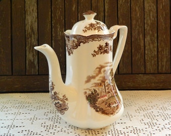 Johnson Bros Old Britain Castles Brown Transferware Multi-colour Multicolor Scallop Coffee Pot and Lid