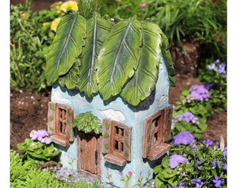 Fairy Cottage House - Miniature resin fairy garden cottage - fairy house - Windy Ridge - hinged door opens - leaf roof - whimsical