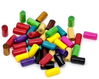 100 cylinders-Wooden beads, 12 x 6 mm, mixed