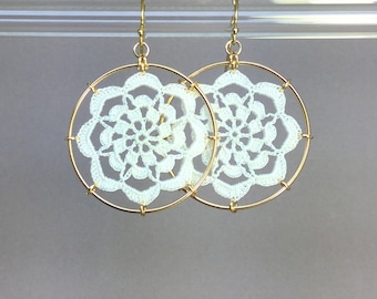 Serendipity doily earrings, white silk thread, 14K gold-filled