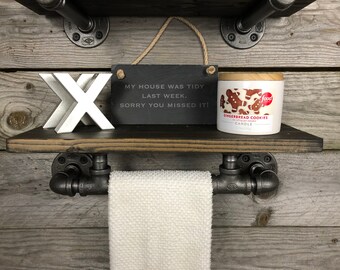 EBONY Industrial Rustic Modern Towel Rack, Holder with Wood Shelf, Kitchen Towel Bar, Rustic Wall Decor, Bathroom, Kitchen, Pipe Shelf, Gift