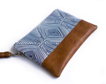 Vegan Wallet, Faux Leather Clutch, Wristlet Wallet, Smartphone Wristlet, Geometric Fabric