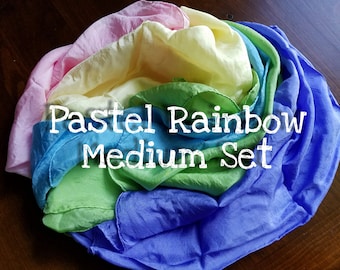 Playsilks, Pastel Rainbow Set of Five Waldorf Inspired Medium Play Silks, 21 x 21. Natural Toy, Open Ended Play, Dress Up, Montessori