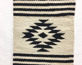 Black and white wool Peruvian textile, Tribal pattern wall hanging, black and white table runner, Hand loomed wool textile
