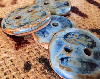 Boho Feather Pottery Buttons- Blue, Set of 4