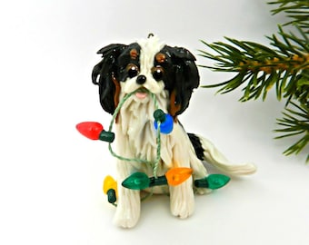 Cavalier King Charles Spaniel TriColor PORCELAIN Christmas Ornament Figurine Clay