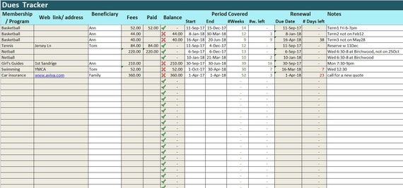 dues tracker excel template memberships log spreadsheet membership spreadsheet template