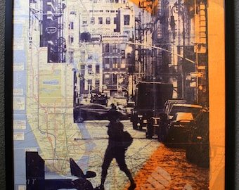 Kevin Marcell Original Manhattan NY Modern Silkscreen Stencil Mixed Media Graphic Art Painting NYC Cycling Map Soho Lady Signed Dated
