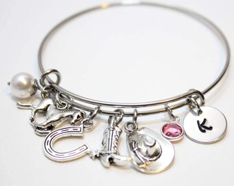 horse bracelet, horse charm bracelet, personalized horse bracelet, horse initial bracelet, horse theme jewelry, horse charm bangle, horse