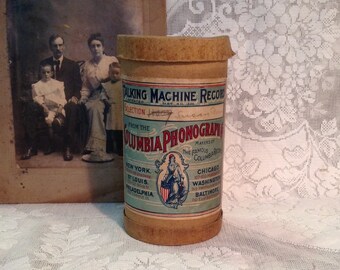 Antique Columbia cylinder wax record and container music roll for Edison phonograph collectible Victorian farmhouse display item home decor