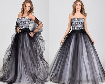 Modern Black and White Lace Light-As-Air Ball Wedding Gown with Lace Corset and Tulle Skirt | Wedding Dress