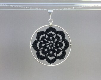 Serendipity doily necklace, black silk thread, sterling silver