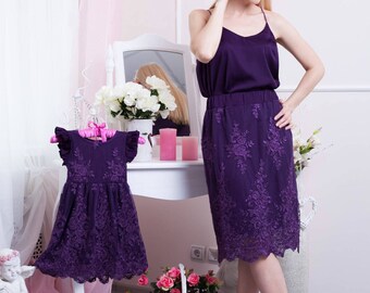 Mommy and Me Outfits Dresses, Mother Daughter Matching Lace Dress, Purple Lace Matching Knee Length Party Dress Mom Daughter