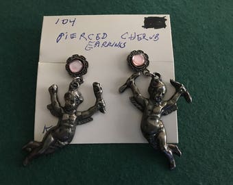 Vintage pierced stud & dangling sterling cherub earrings