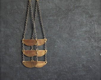 Etched Brass Half Moon Ladder Dangle Earrings Oxidized Chain Long Rustic Tribal Metalwork Boho Jewellery