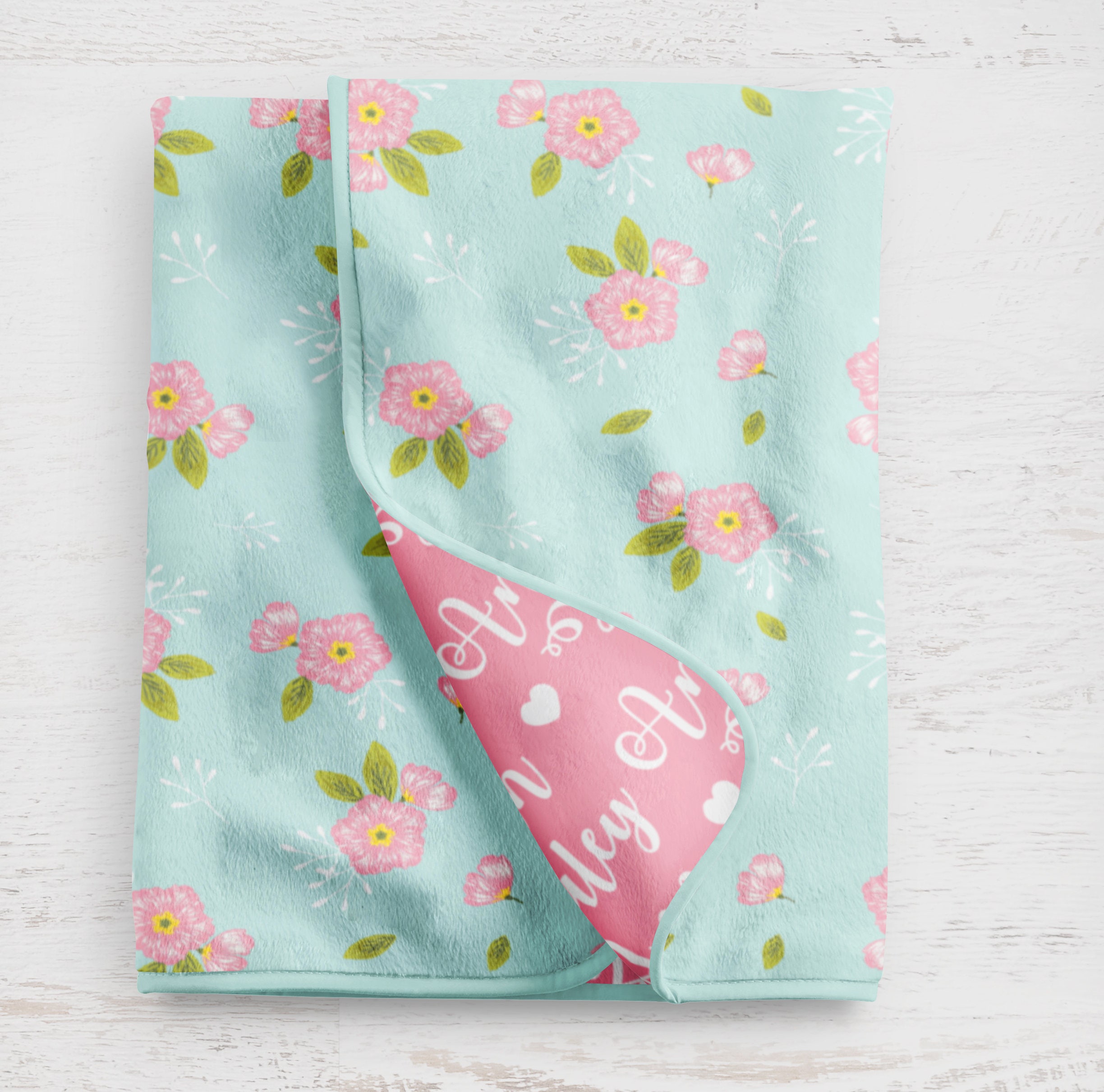Pink and Blue Floral Baby Blanket with Name Perfect for Girl