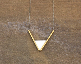 White Marble Triangle Pendant, Brass Triangle Necklace, Geometric Triangle Jewelry, Brass Art Deco Necklace, Architectural Necklace