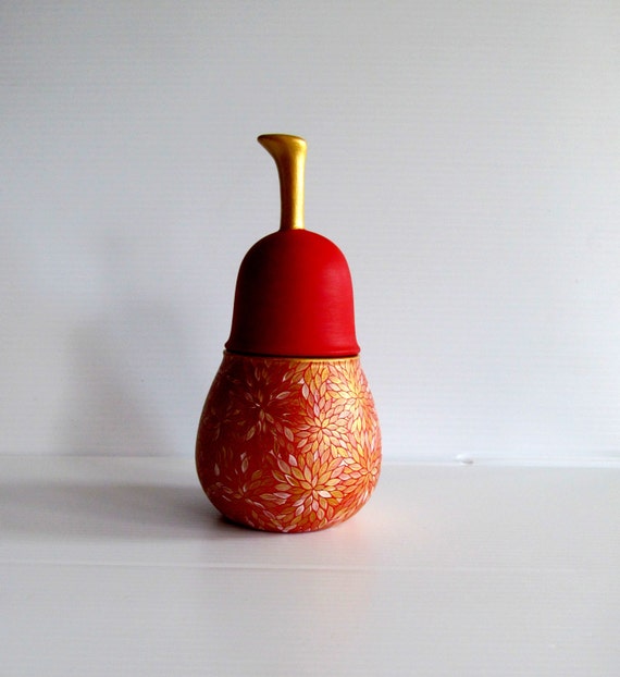 Red Pear: Hand Painted Ceramic Pear shaped jar Red and gold