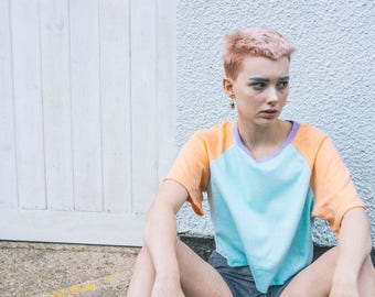 Peach and blue raglan crop