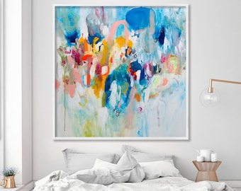 Large Art Painting PRINT, GICLEE print, abstract painting, large wall art with blue pink and yellow, Duealberi