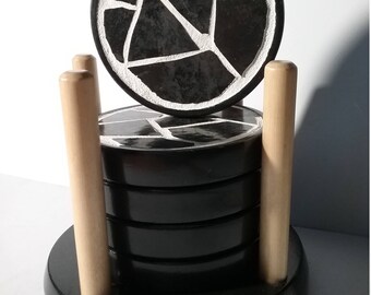 Black and white wood leather mosaic coasters.