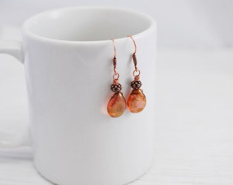 Pink Czech Glass Earrings, Pink and Gold Earrings, Teardrop Earrings, Boho Earrings, Copper Earrings, Rustic Drop Earrings, Gift for Her